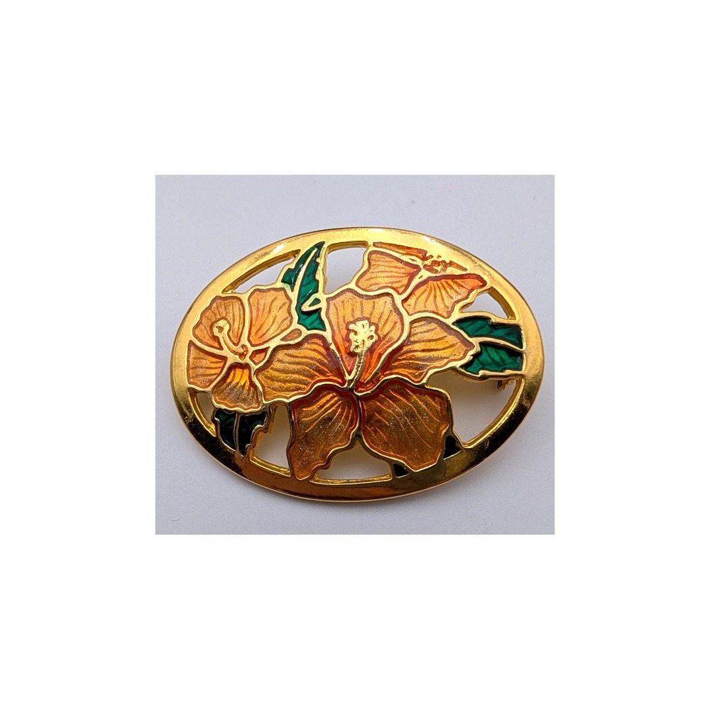 Vintage Gold Tone Orange Enamel Hibiscus Flower Oval Brooch Pin Tropical Floral